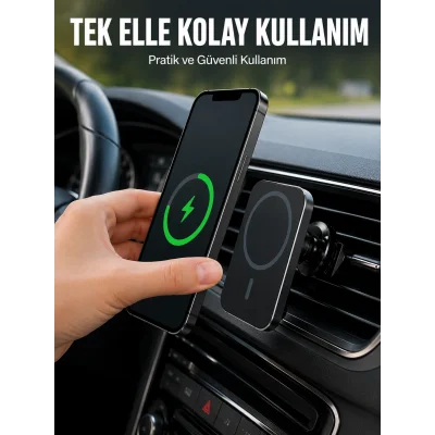 BUĞZ Araç İçi Manyetik Telefon Tutucu ve 15W Kablosuz Hızlı Şarj Cihazı