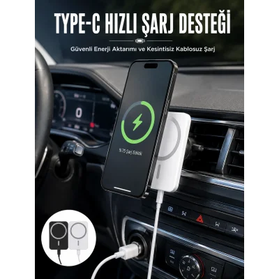 BUĞZ araç uyumlu Kablosuz 15W Taşınabilir Şarj Aleti Çift Kablo Yeni Nesil