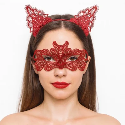 BUĞZ Ateş Kırmızısı Dantel Taç Ve Maske Seti 10 No - Maskeli Balo  Özel Gün Seti