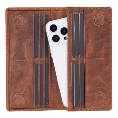  Aura Hakiki Deri, El Yapımı, Telefon Bölmeli, Kadın Cüzdanı, Açık Kahve