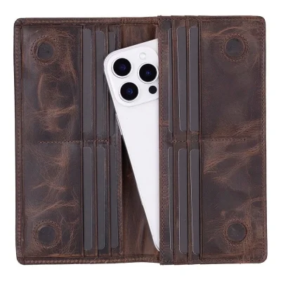  Aura Hakiki Deri, El Yapımı, Telefon Bölmeli, Kadın Cüzdanı, Koyu Kahve