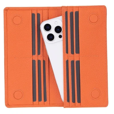  Aura Hakiki Deri, El Yapımı, Telefon Bölmeli, Kadın Cüzdanı, Portakal Renk