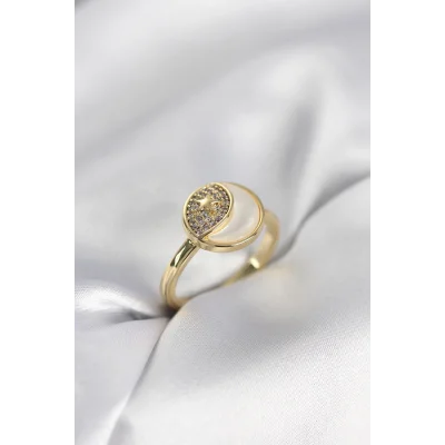 BUĞZ Ay Yıldız Model Gold Renk Zirkon Taşlı Kadın Yüzük