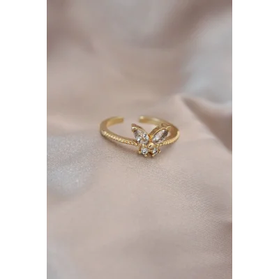 BUĞZ Ayarlamalı Altın Renk Metal Zirkon Taş ve Kristal Taşlı Kelebek Model Yüzük