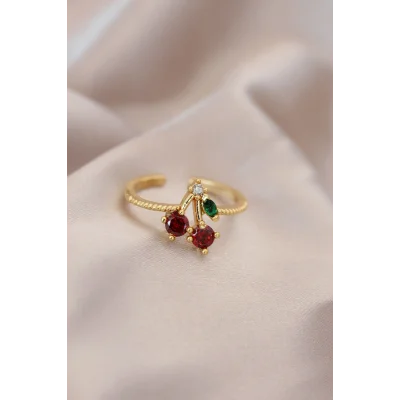 BUĞZ Ayarlamalı Gold Renk Metal Renkli Zirkon Taşlı Kiraz Yüzük