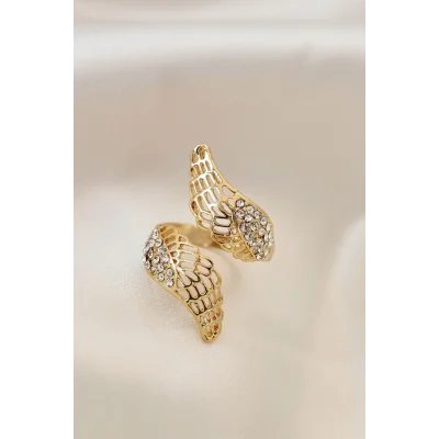 BUĞZ Ayarlamalı Gold Renk Metal Zirkon Taşlı Kanat Yüzük