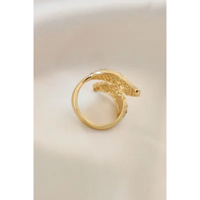 BUĞZ Ayarlamalı Gold Renk Metal Zirkon Taşlı Kanat Yüzük - BUĞZ
