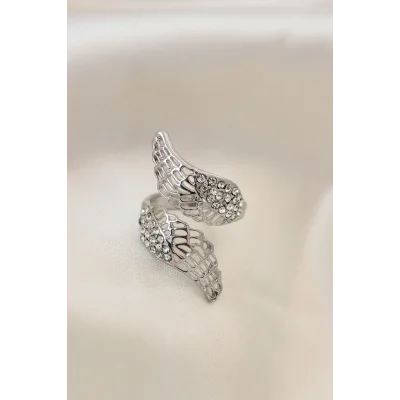 BUĞZ Ayarlamalı Silver Renk Metal Zirkon Taşlı Kanat Yüzük