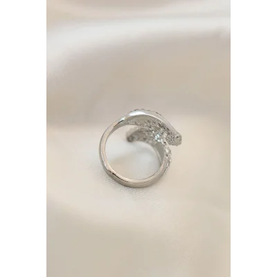 BUĞZ Ayarlamalı Silver Renk Metal Zirkon Taşlı Kanat Yüzük - Lisinya