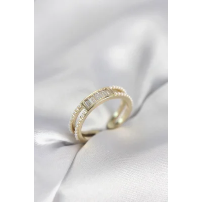 BUĞZ Baget Zirkon Taşlı Gold Renk İncili Kadın Yüzük