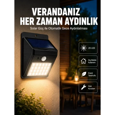 BUĞZ Bahçe ve Dış Mekanlar İçin Güneş Enerjili 20 LED Hareket Sensörlü Lamba Yeni Nesil