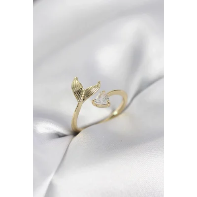 BUĞZ Balık Kuyruğu Model Gold Renk Zirkon Taşlı Kadın Yüzük
