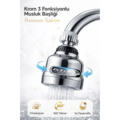 BUĞZ Basınçlı ve Sıçramasız 3 Modlu 360° Döner Krom Musluk Başlığı Evye Lavabo ve Çeşme Batarya Ucu