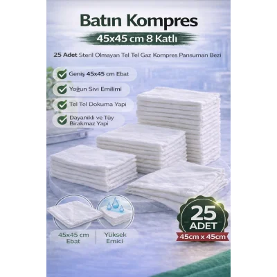 BUĞZ Batın Kompres 45x45 cm 8 Katlı 25 Adet Tel Tel Gaz Kompres Steril Olmayan Pansuman Bezi
