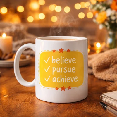 BUĞZ Believe Pursue Achieve Yazılı Porselen Kupa MODEL 124 – Motive Edici Tasarım, İlham Veren Kahve & Çay Kupası, Özel Hediye