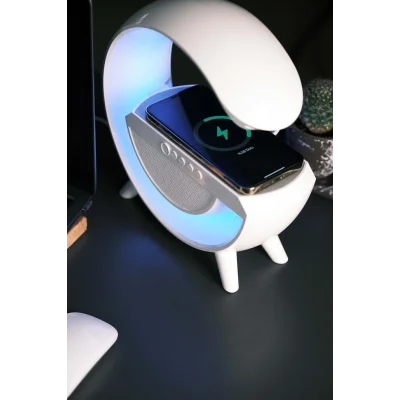BUĞZ Beyaz Bluetooth Hoparlörlü Masa Lambası, Kablosuz Şarj Özellikli ve 2 Saat Dinleme Süresi