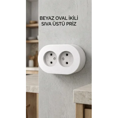 BUĞZ Beyaz Çift Girişli Topraklı Sıva Üstü Elektrik Prizi, Modern Tasarım