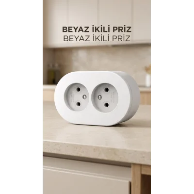 BUĞZ Beyaz Çift Girişli Topraklı Sıva Üstü Priz, Dekoratif Duvar Elektrik Ünitesi