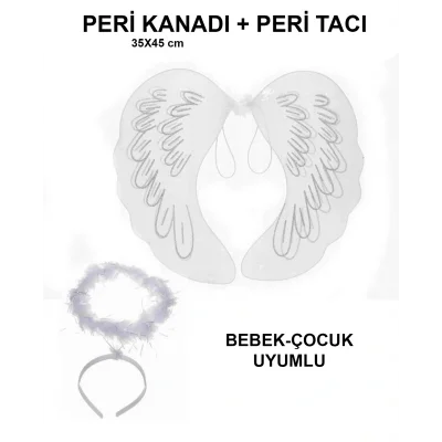 BUĞZ Beyaz Dantel Tüllü Peri Kanadı ve Peri Tacı Seti 45x40 cm