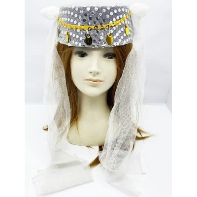 BUĞZ Beyaz Duvaklı Altın Pul İşlemeli Kına Fesi