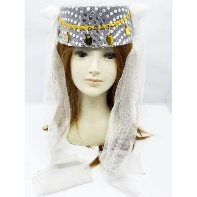 BUĞZ Beyaz Duvaklı Altın Pul İşlemeli Kına Fesi Kına Şapkası Oryantal Şapkası