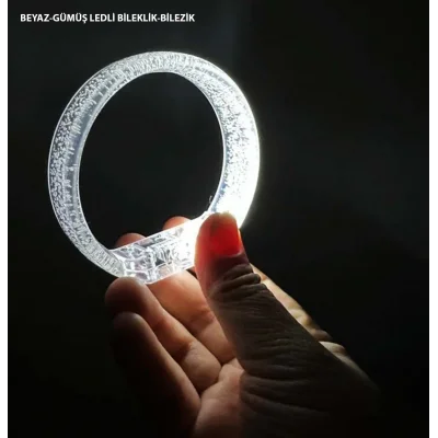 BUĞZ Beyaz-Gümüş Led Işıklı Baskı Yapılabilen Pilli Bileklik Bilezik