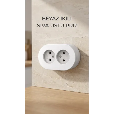 BUĞZ Beyaz İkili Sıva Üstü Dekoratif Topraklı Elektrik Prizi