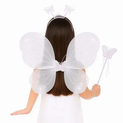BUĞZ Beyaz Kelebek Kız Seti – 50 Cm Kelebek Kanadı, Taç Ve Asa