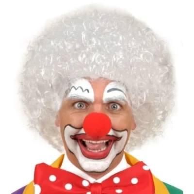  Beyaz Kıvırcık Afro Peruk ve Kırmızı Sünger Burun Seti