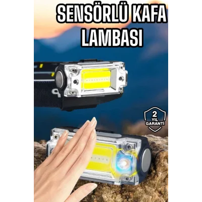 BUĞZ Beyaz Led Işık Sensörlü Kafa Lambası Lityum Batarya Led El Fenerli Şarjlı