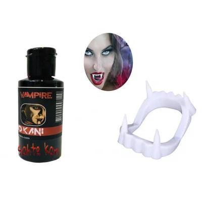 BUĞZ Beyaz Renk Çift Damak Takma Vampir Dişi ve 50 gr Tiyatro Kanı Set