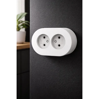 BUĞZ Beyaz Renk İkili Topraklı Priz – Modern Sıva Üstü Duvar Prizi, Lüks Dekoratif Elektrik Priz Çift Girişli