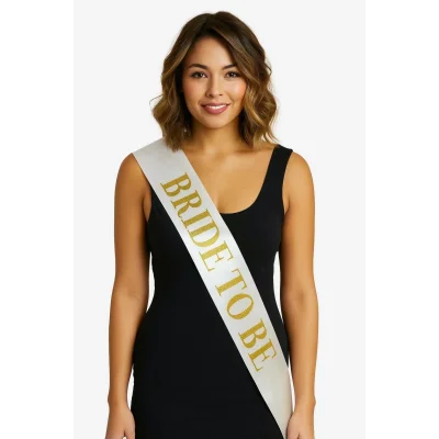 BUĞZ Beyaz Saten Üzerine Kalın Altın Yazılı Bride To Be Kuşağı 10 Cm Genişlik