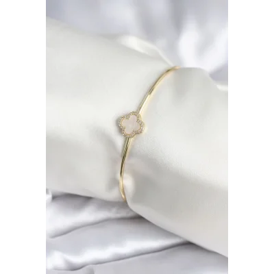 BUĞZ Beyaz Sedefli Yonca Model Gold Renk Kadın Bileklik