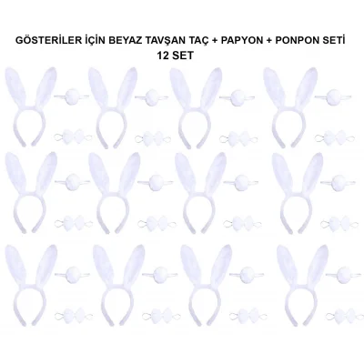 BUĞZ Beyaz Tavşan Kostüm Seti – Taç, Papyon, Kuyruk (12’li Paket)
