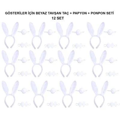  Beyaz Tavşan Kostüm Seti – Taç, Papyon, Kuyruk (12’li Paket)