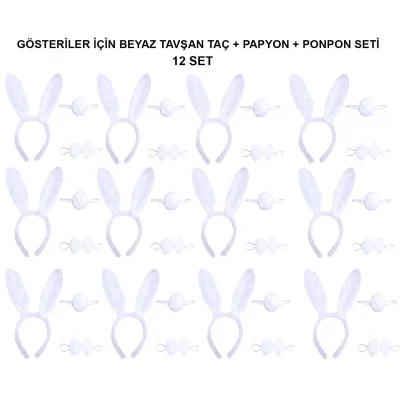  Beyaz Tavşan Kostüm Seti – Taç, Papyon, Kuyruk (12’li Paket)