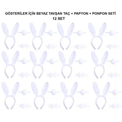 BUĞZ Beyaz Tavşan Kostüm Seti – Taç, Papyon, Kuyruk (12’li Paket)