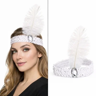 BUĞZ Beyaz Tüylü Retro Çarliston Saç Bandı - 70-80-90’lar Parti Tacı