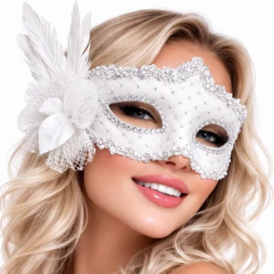 BUĞZ Beyaz Tüylü Venedik Lüks Balo Maskesi