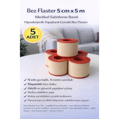 BUĞZ Bez Flaster 5 cm x 5 m Medikal Sabitleme Bandı Hipoalerjenik Yapışkanlı Cerrahi Bez Flaster 5 ADET
