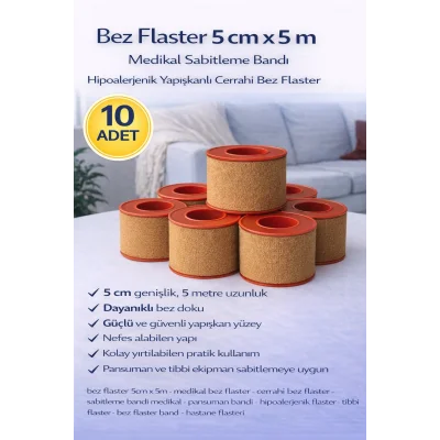 BUĞZ Bez Flaster 5 cm x 5 m Sabitleyici Tıbbi Bant Güçlü Yapışkanlı 10 Adet