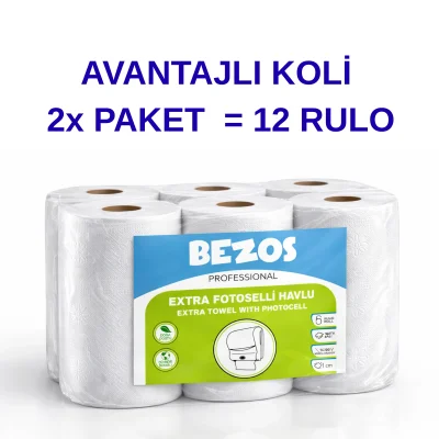 BUĞZ Bezos Professional Fotoselli Havlu 12 Rulo – 2 Katlı %100 Selüloz 21 cm Endüstriyel Kağıt Havlu 2X6 Rulo