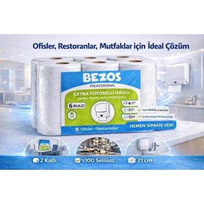 BUĞZ Bezos Professional Fotoselli Havlu 6 Rulo – 2 Katlı %100 Selüloz 21 cm Endüstriyel Kağıt Havlu