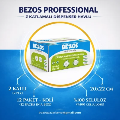 BUĞZ Bezos Professional Z Katlamalı Dispenser Havlu 2 Katlı %100 Selüloz 20x22 cm 12’li Koli