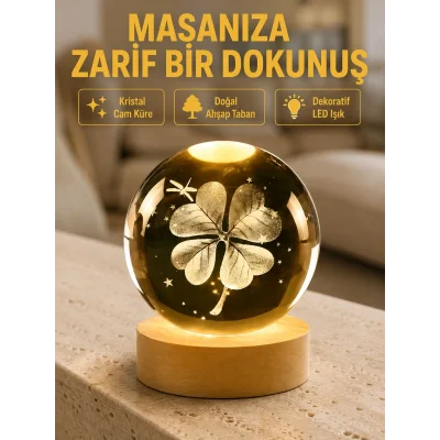 BUĞZ Bitki Temalı LED Işıklı Cam Küre Ahşap Standlı Modern Gece Lambası