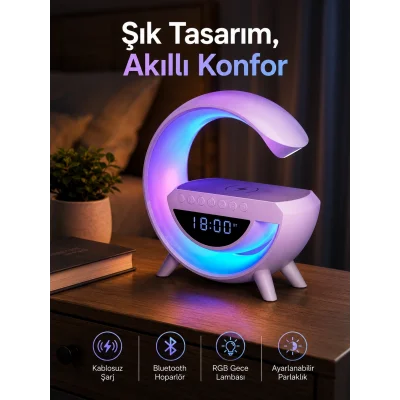 BUĞZ Bluetooth Hoparlör 15W Kablosuz Hızlı Şarj LED Gece Lambası