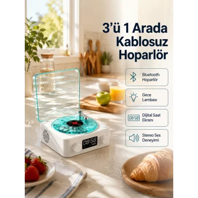 BUĞZ Bluetooth Hoparlör – 3-ü-1 Saatli Gece Lambası ve Vintage Tasarım