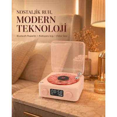 BUĞZ Bluetooth Hoparlörlü Gece Lambası Dijital Saatli Şeffaf Su Dalgası Işıklı Dekoratif