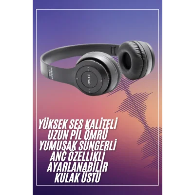 BUĞZ Bluetooth Kablosuz Kulaklık Siyah Wireless 5.0 Kulak Üstü Uzun Pil Ömrü - BUĞZ